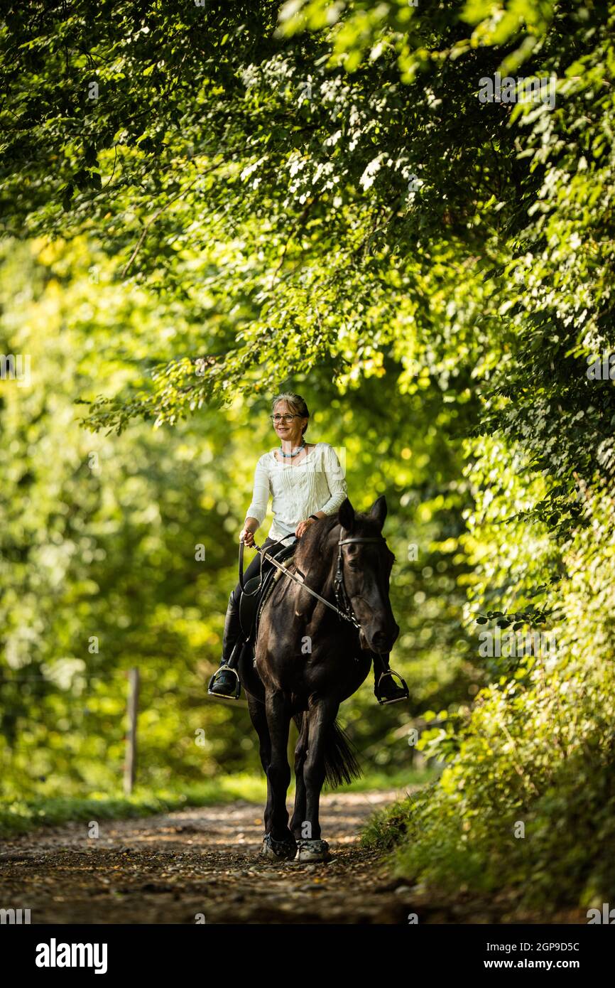 Woman riding a horse. Equestrian sport, leisure horse riding concept Stock Photo