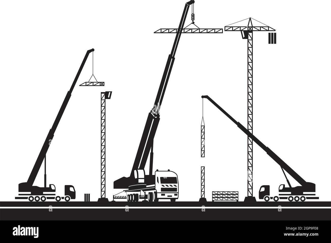 Setting up a crane on construction site – vector illustration Stock Vector