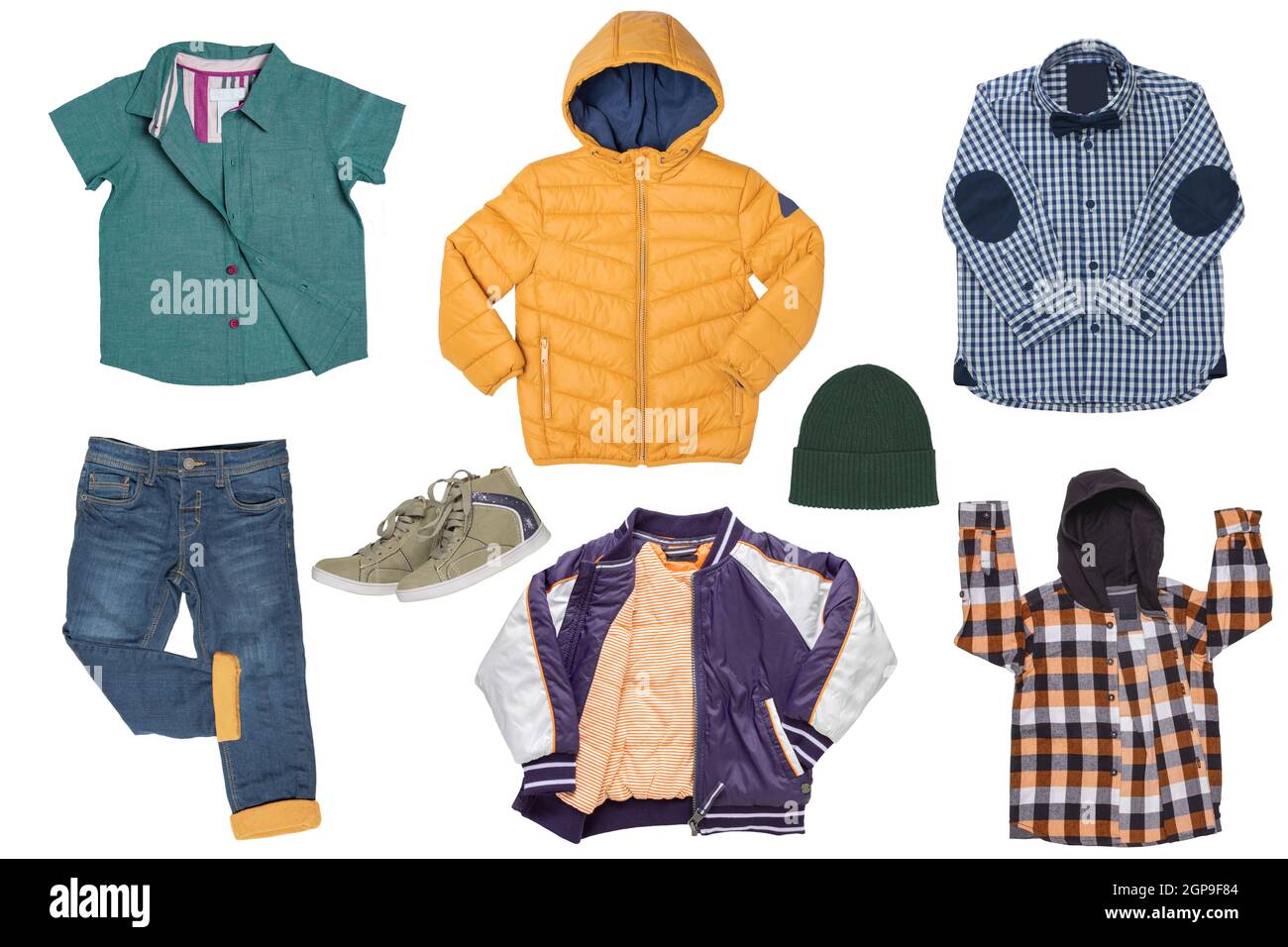Collage set of little boy spring clothing isolated on a white