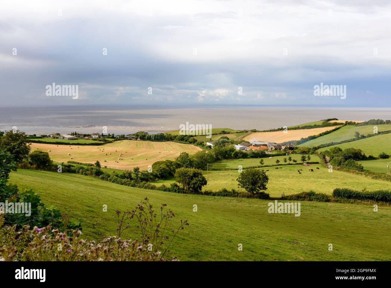 landscape of the countryside of Somerset with the Bristol Channel sea in background Stock Photo