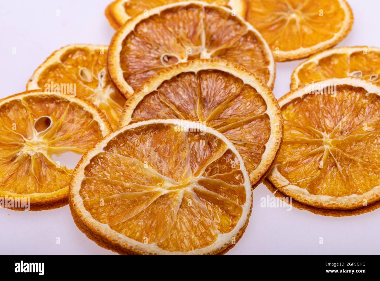 Dried orange slices. Dehydrated crispy fruits for decorating dishes for
