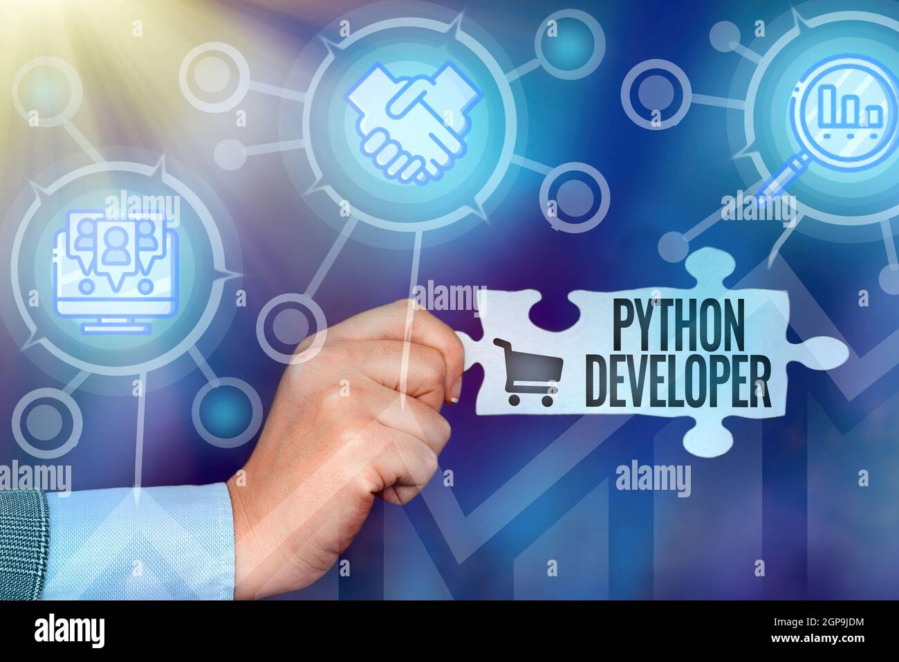 Text sign showing Python Developer. Business concept responsible for writing serverside web application logic Hand Holding Jigsaw Puzzle Piece Stock Photo