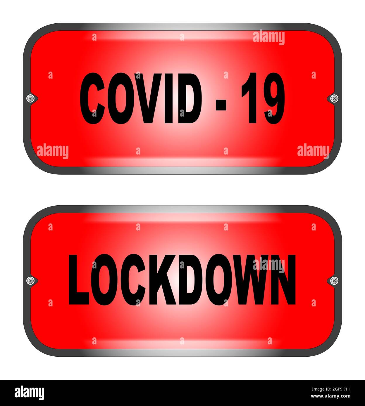 Two warning lights exclaiming Cobid 19 and Lockdown on a white ...