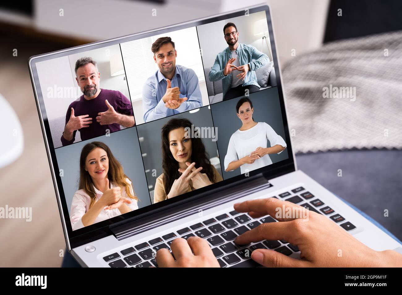 People Learning Deaf Sign Language In Video Conference Stock Photo Alamy