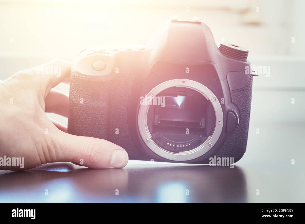 Hands of a photographer are touching a professional reflex camera, open sensor. Sunlight. Stock Photo