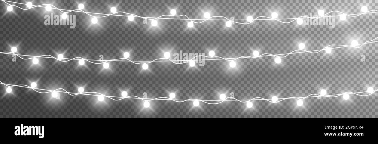 Christmas lights string. Silver garlands on transparent background. Luminous light bulbs for poster. Realistic glowing elements. Vector Stock Vector