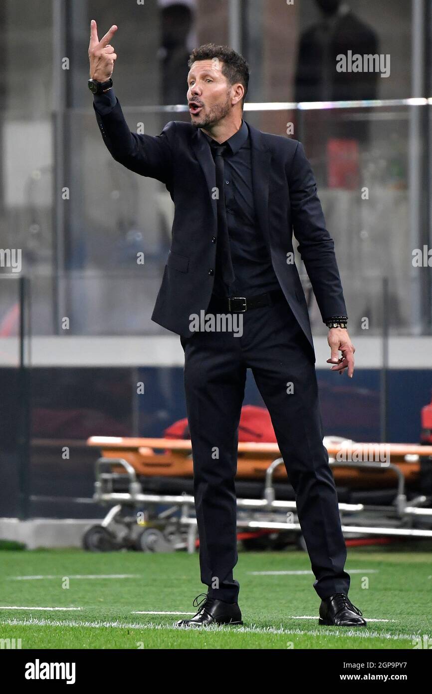 Milan, Italy. 28th Sep, 2021. Diego Simeone coach of Atletico Madrid reacts  during the Uefa Champions League group B football match between AC Milan  and Atletico Madrid at San Siro stadium in