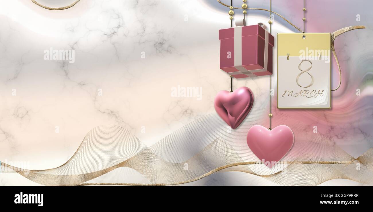 Women's Day 8th March. Calendar 8 March, hanging 3D gift box, golden ribbon, hearts on pastel pink liquid waves background. Elegant beautiful card for Stock Photo