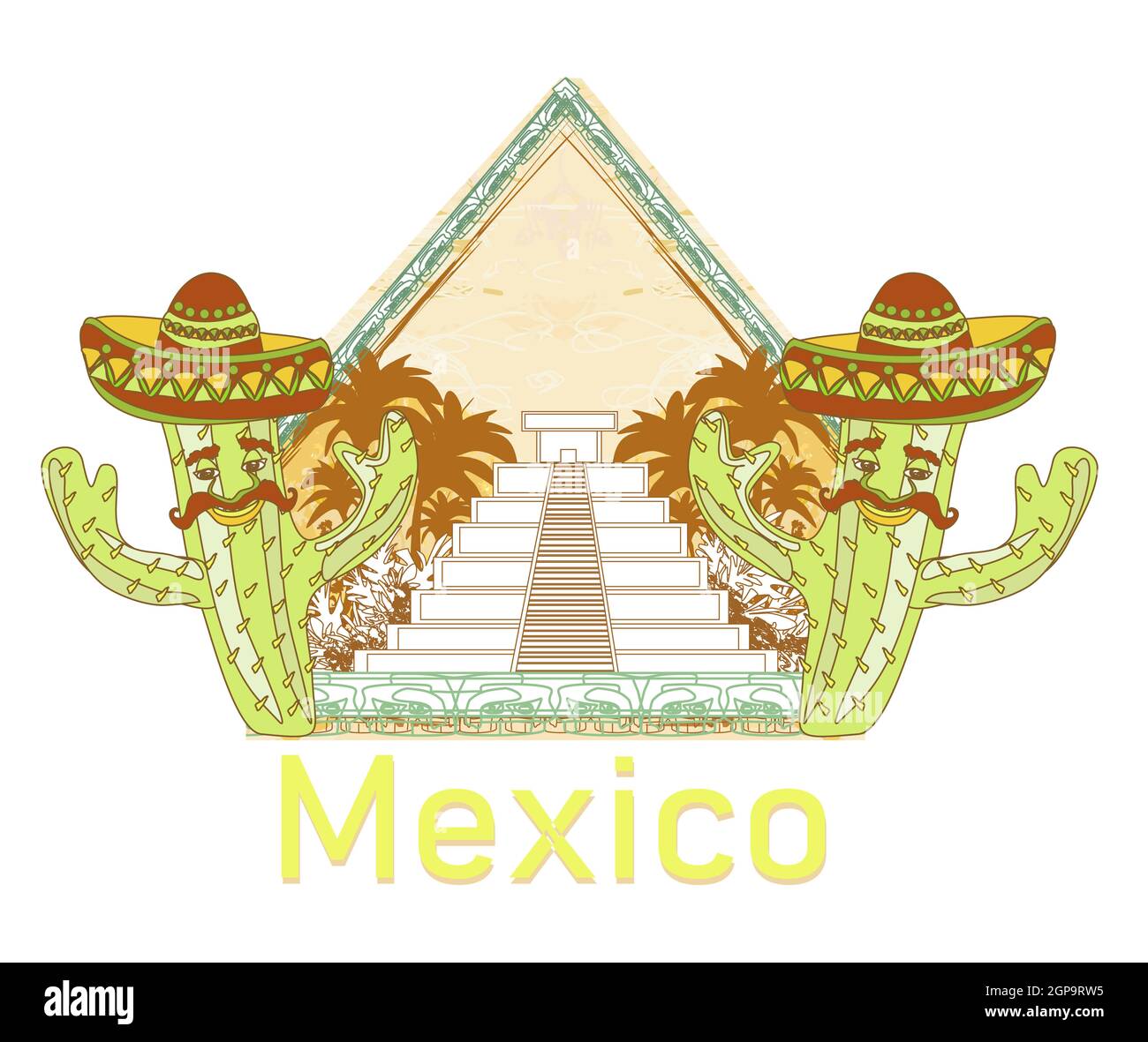 Mayan Pyramid, Chichen-Itza, Mexico and funny cactus in sombrero Stock Photo