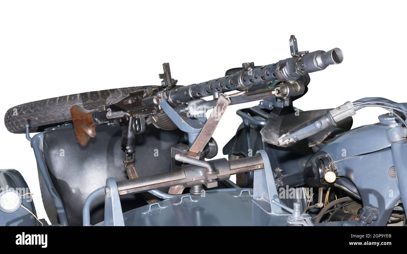 German machine gun MG-34/42, mounted on the motorcycle -is isolated on the white Stock Photo