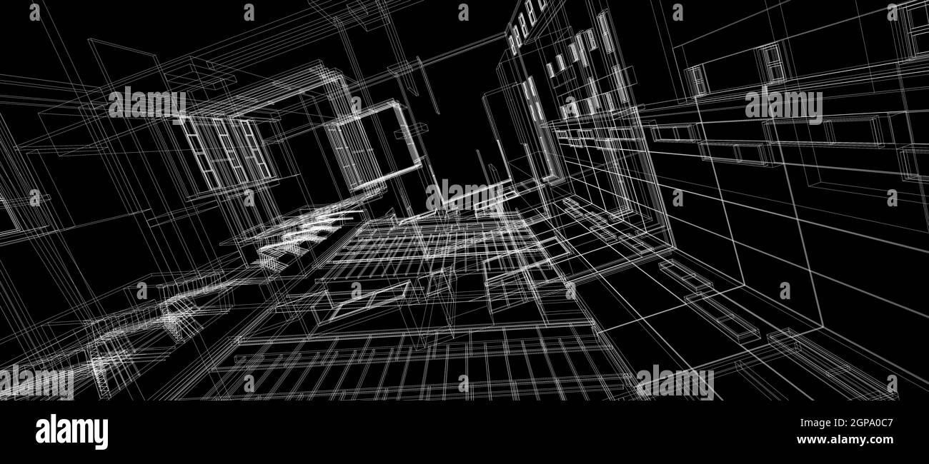 Architecture building space design concept 3d perspective white wire frame  rendering black background. For abstract background or wallpaper desktops c  Stock Photo - Alamy