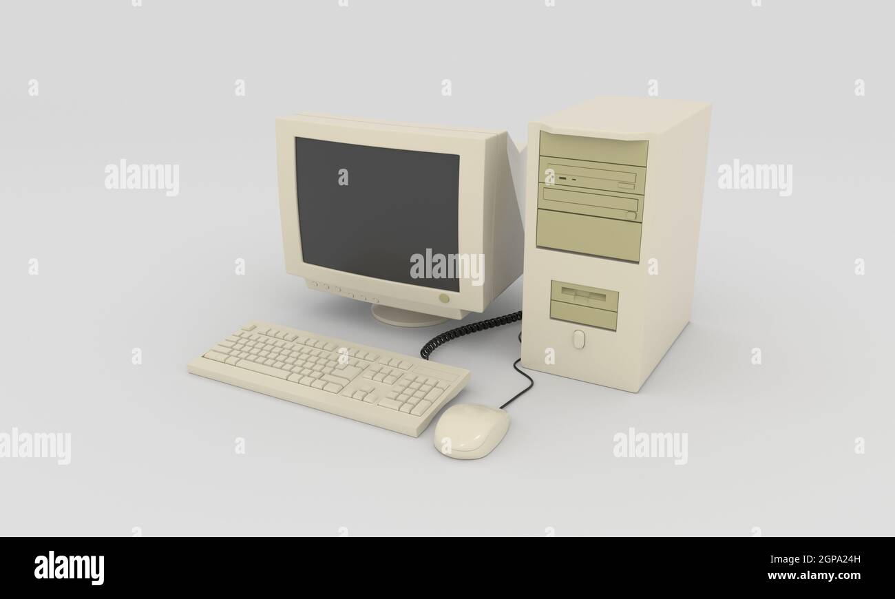 Vintage old Desktop computer. This is a 3D rendering illustration of PC Stock Photo
