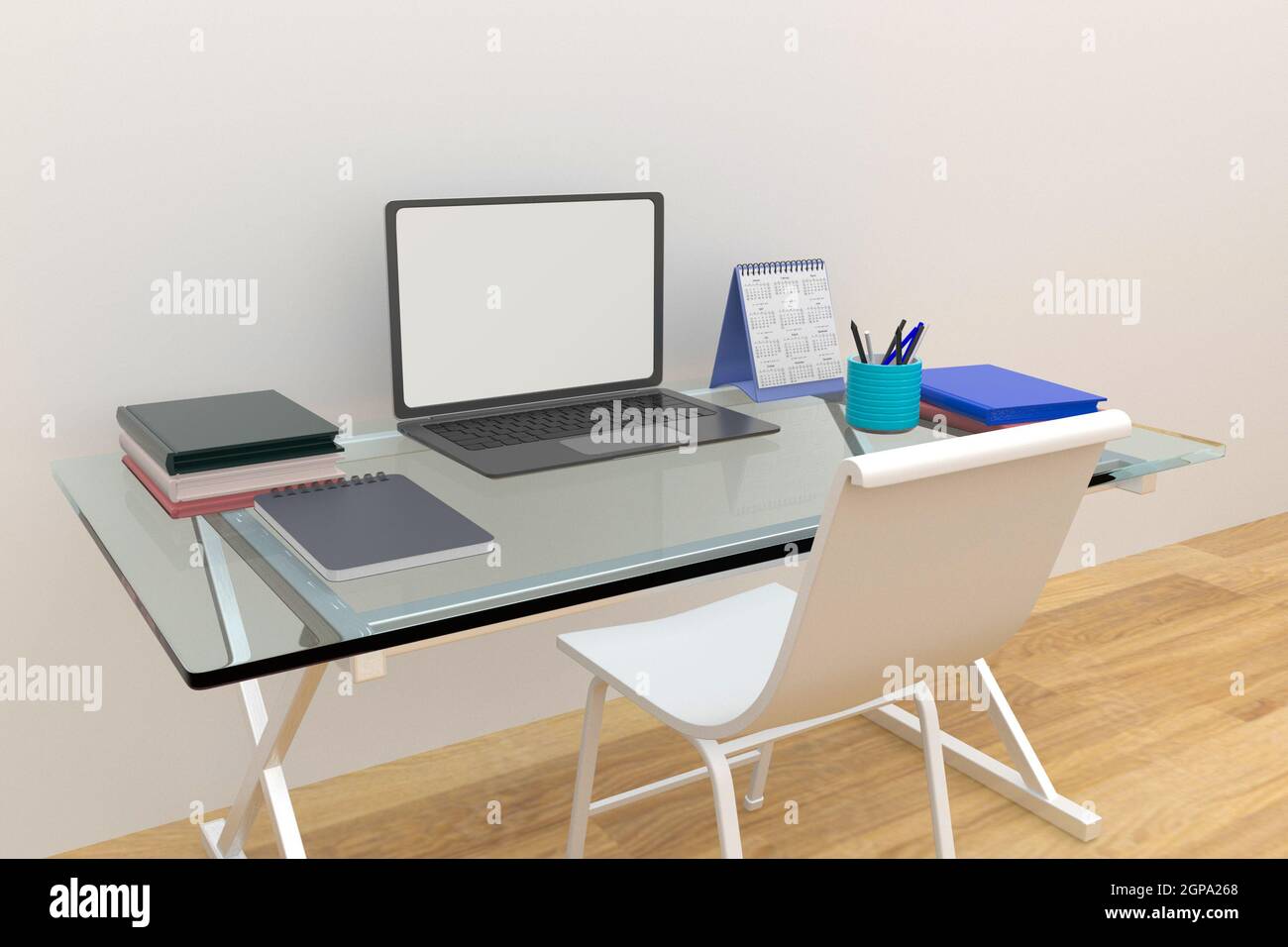 Laptop desk. Nice workstation for work from home. 3D Illustration rendering. Stock Photo