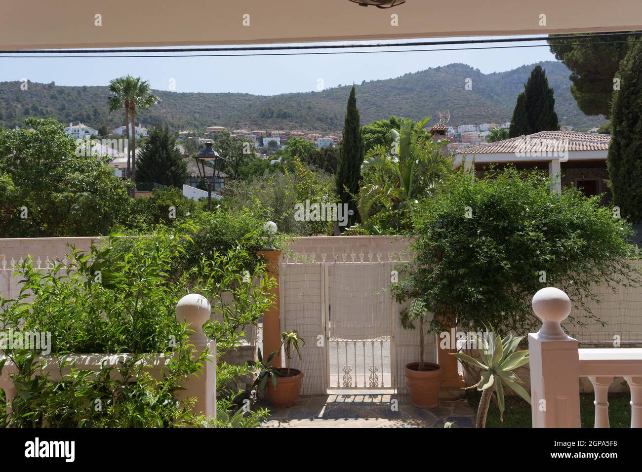 Terraces railing with sea view, blue sky and floral background Stock ...