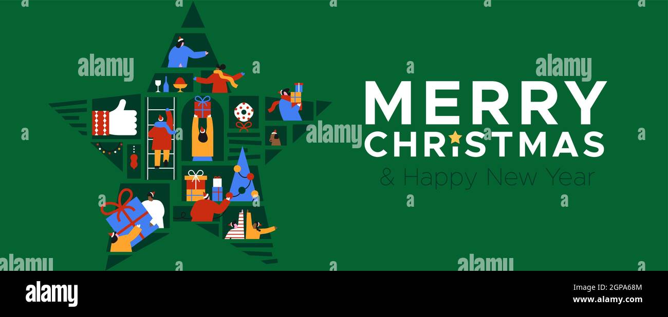 Merry Christmas Happy New Year web banner illustration of diverse people connected online inside star ornament. Internet social connection concept for Stock Vector