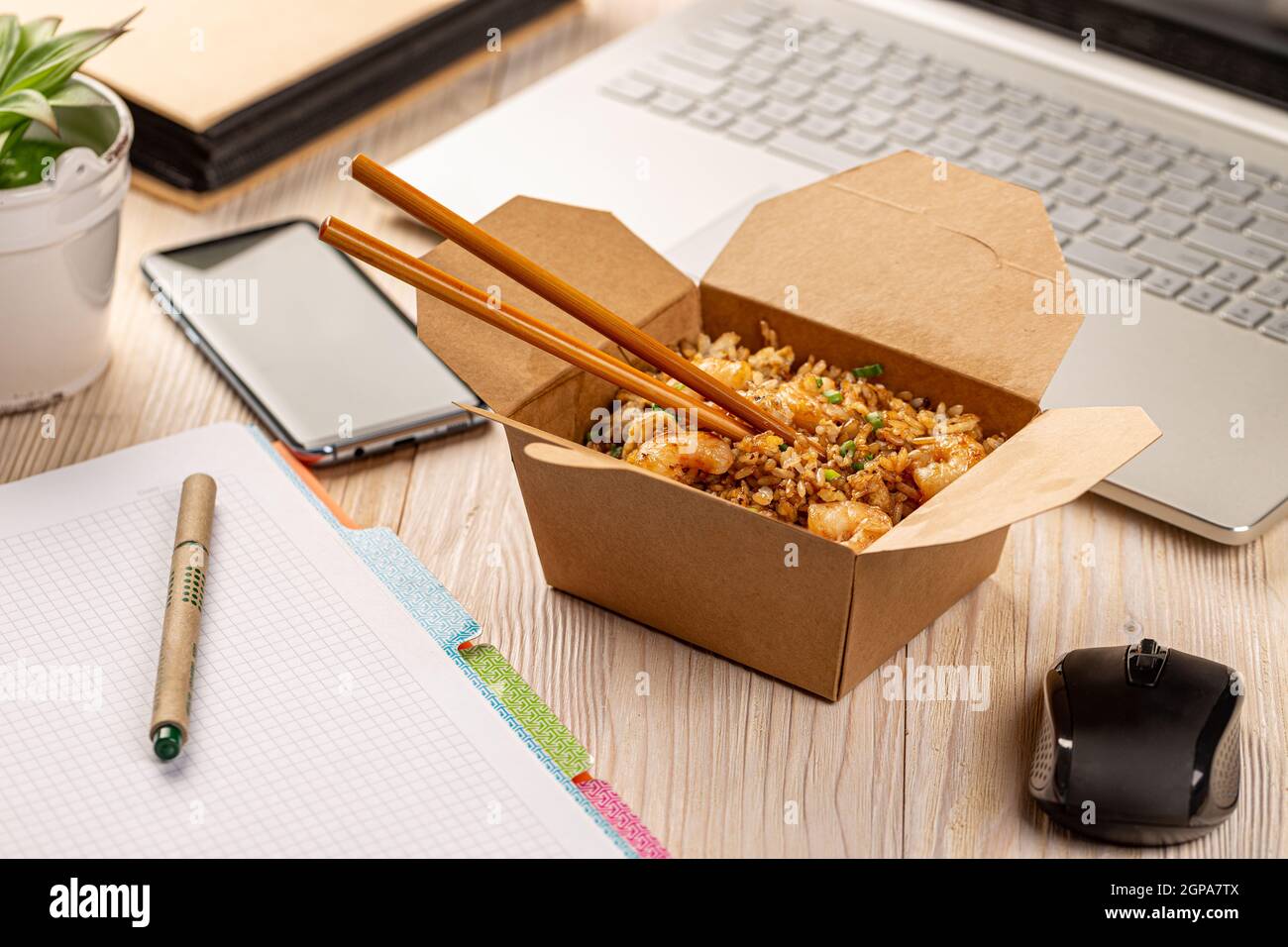 Lunch at the office concept. Chinese food delivery concept. Lunch box