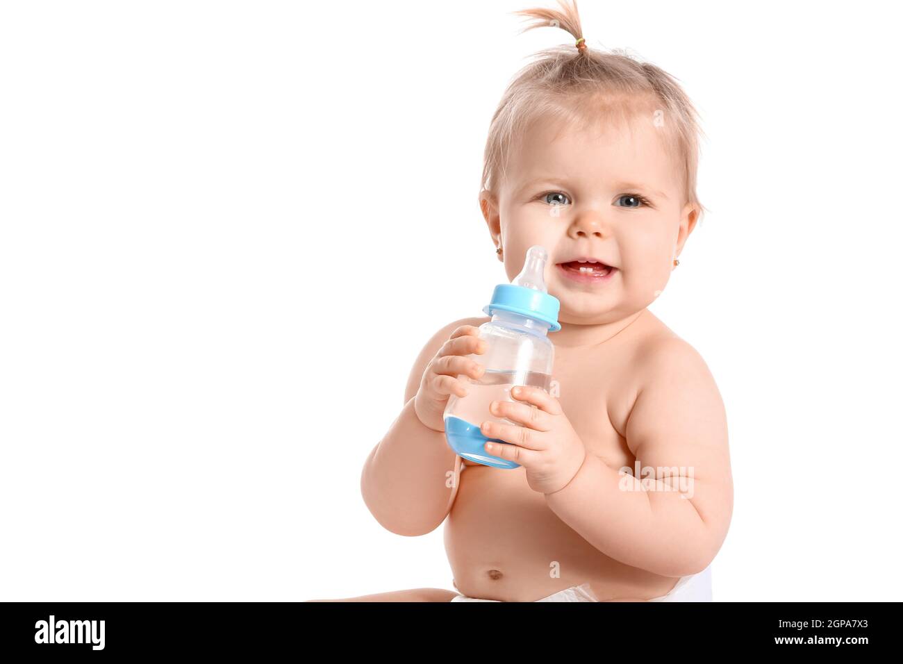 Cute baby girl with bottle of water on white background Stock Photo Alamy