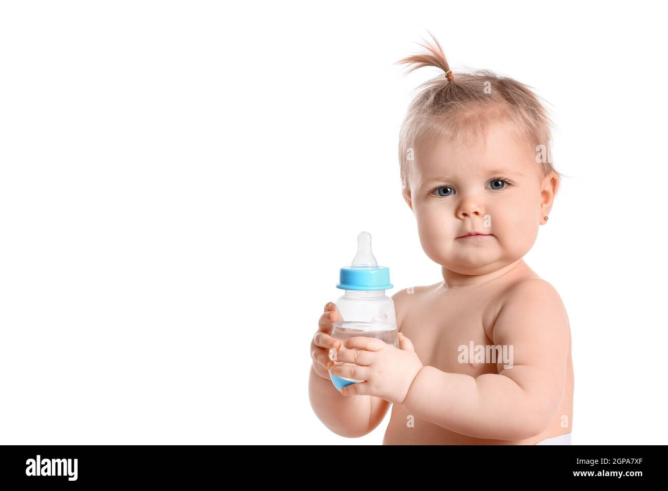 Cute baby girl with bottle of water on white background Stock Photo Alamy