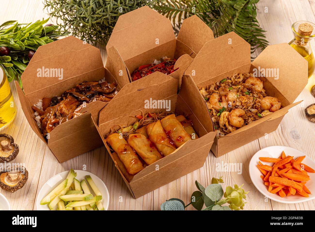 Delivery Chinese take out food in boxes. Concept of Chinese street food