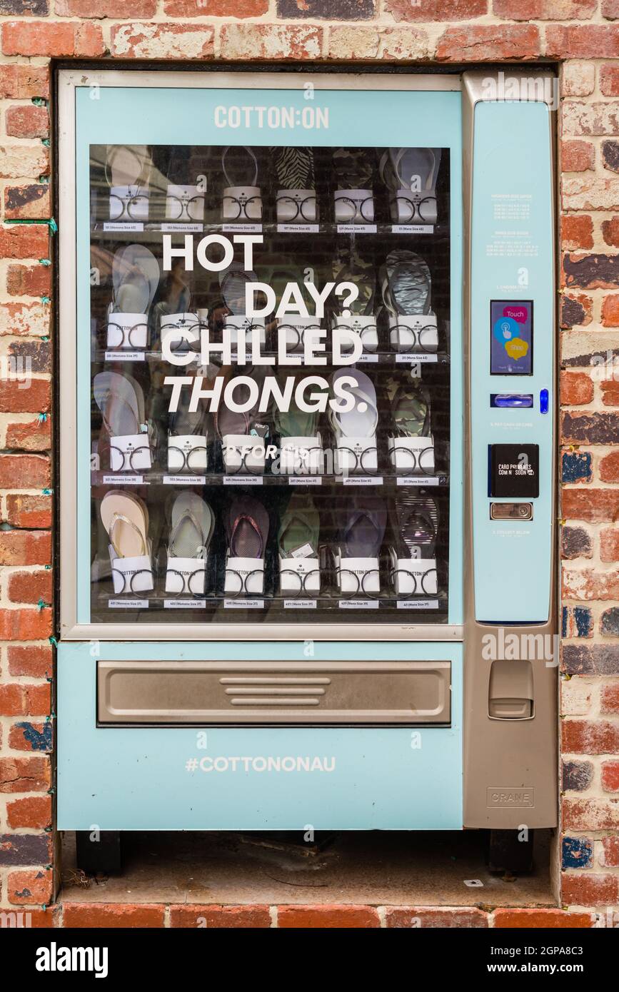 February 2020, Gold Coast, Australia vending machine featuring chilled thongs, the footwear
