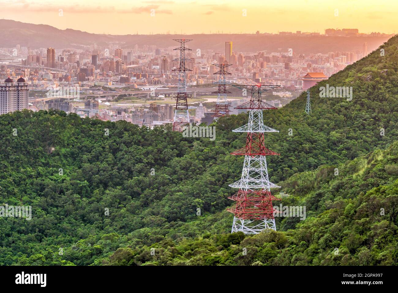 High voltage towers in Taipei, Taiwan at sunset Stock Photo Alamy