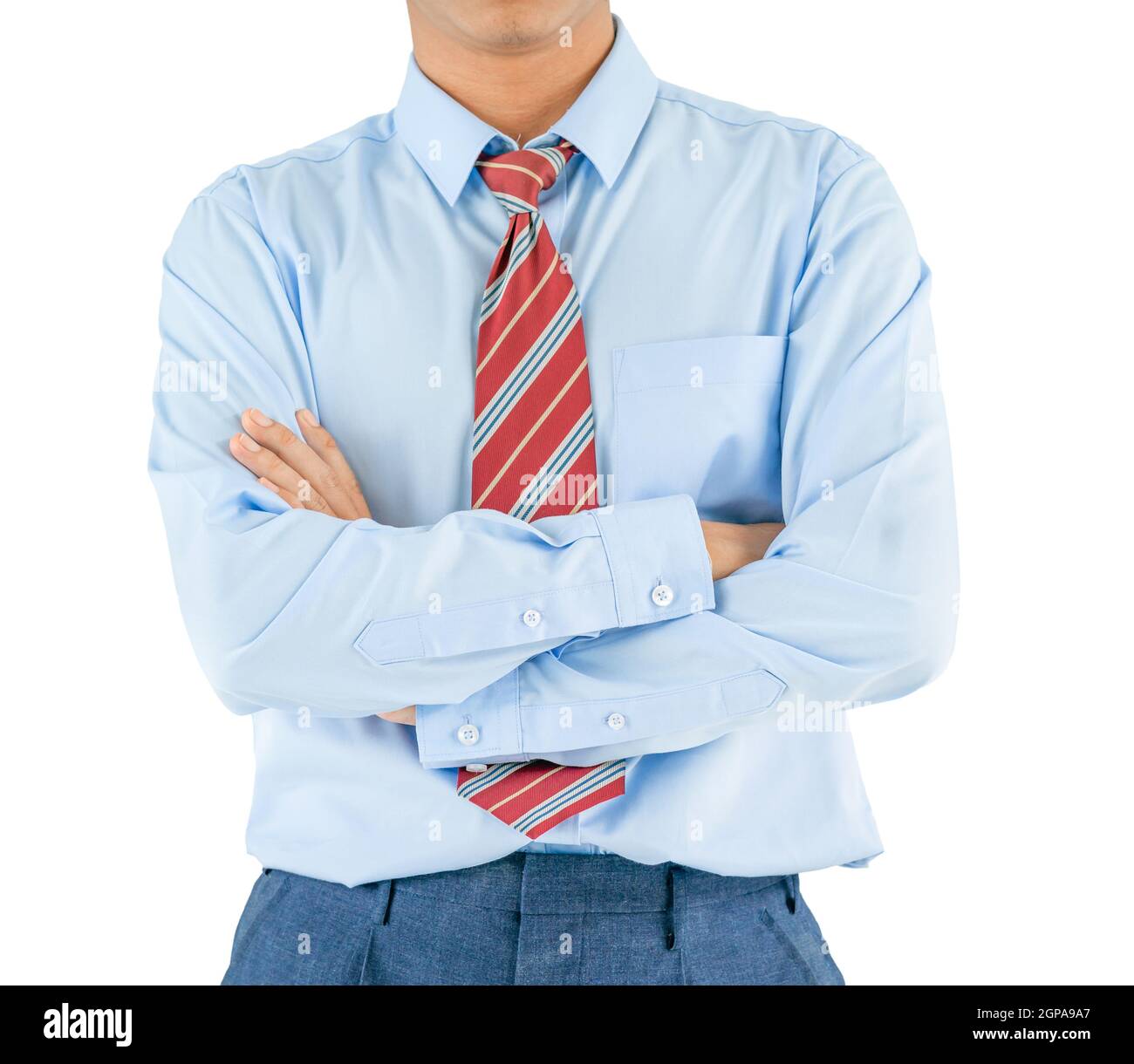 Man in long sleeve shirt wear keeping arms crossed while standing isolate on white background Stock Photo
