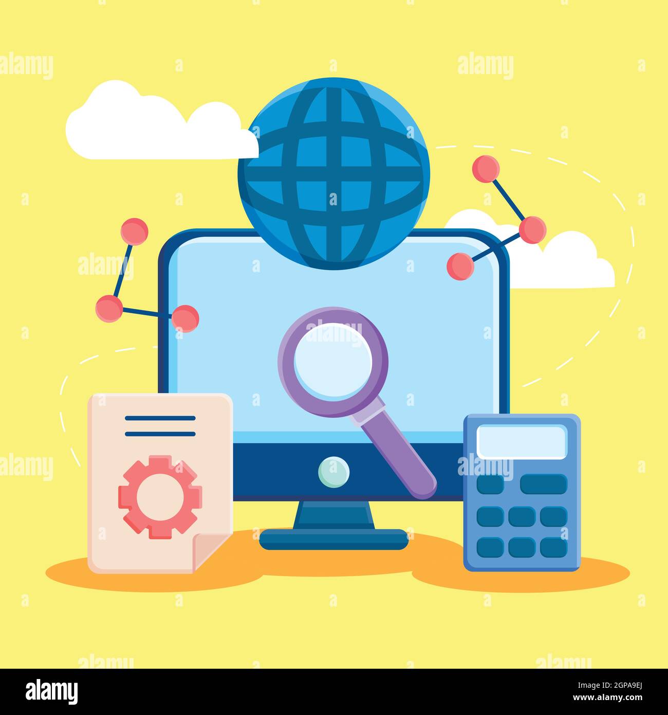 Computer with global sphere and icons of strategic theme Stock Vector ...