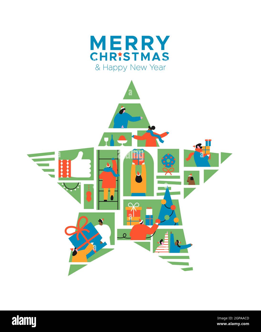 Merry Christmas Happy New Year greeting card illustration of diverse people connected online inside star ornament. Internet social connection concept Stock Vector