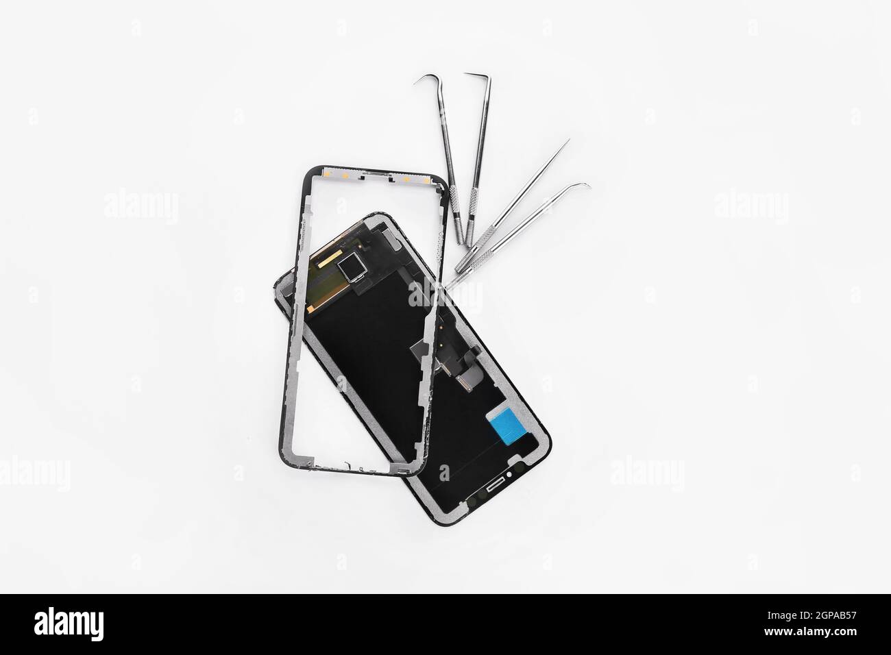 Mobile display module, glass and technician tools on white background