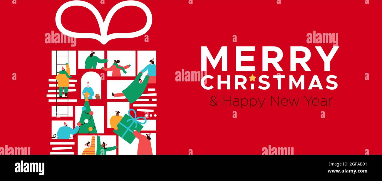 Merry Christmas Happy New Year web banner illustration of diverse people connected online inside gift box. Internet friend connection concept for holi Stock Vector