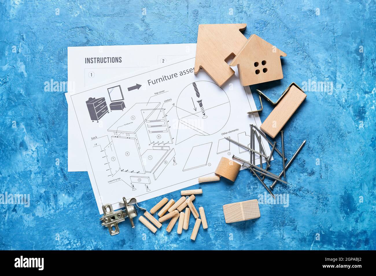 Furniture assembling instructions, wooden houses, door hinge, dowels