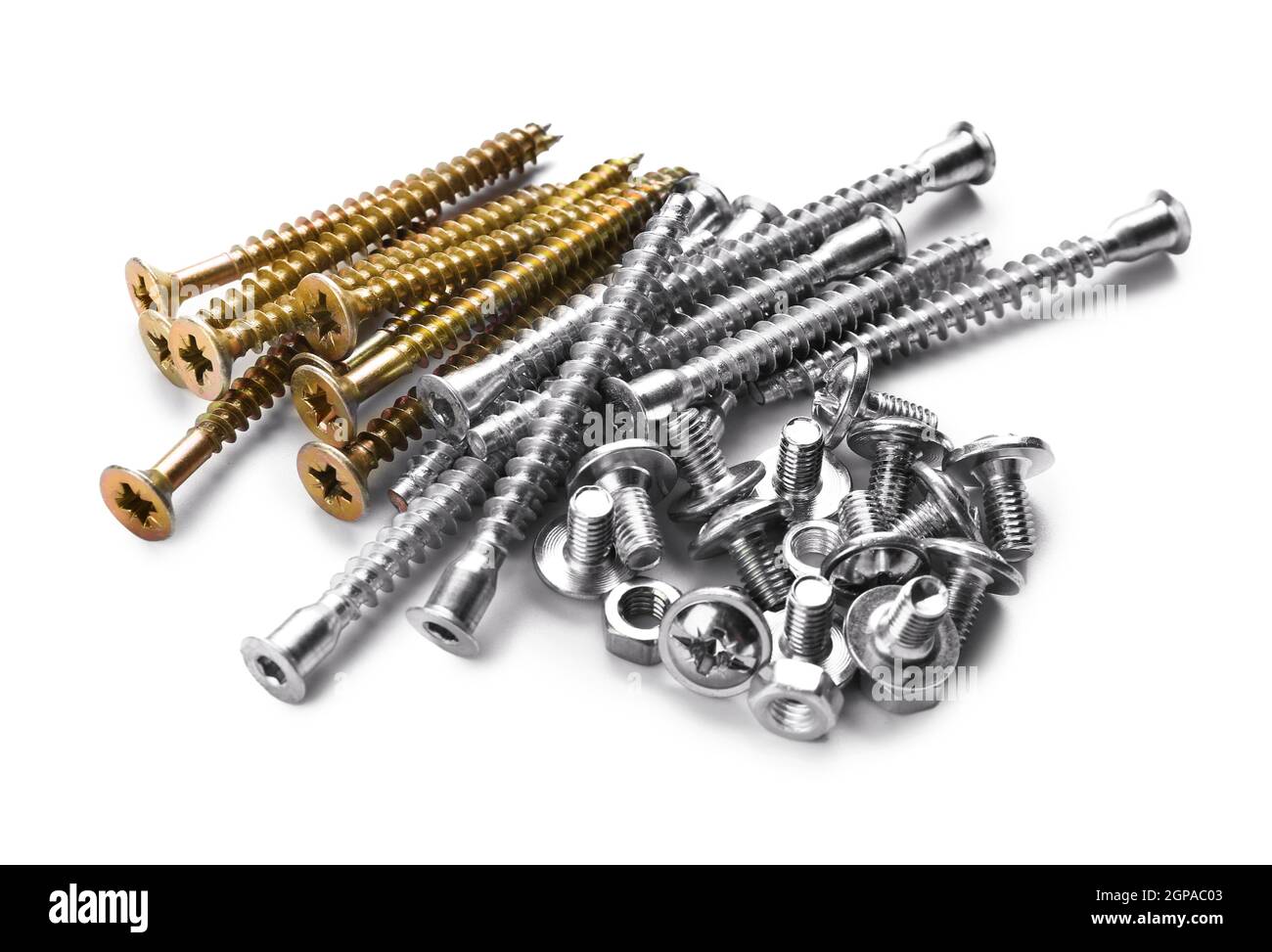 Bolts, screws and nuts on white background Stock Photo