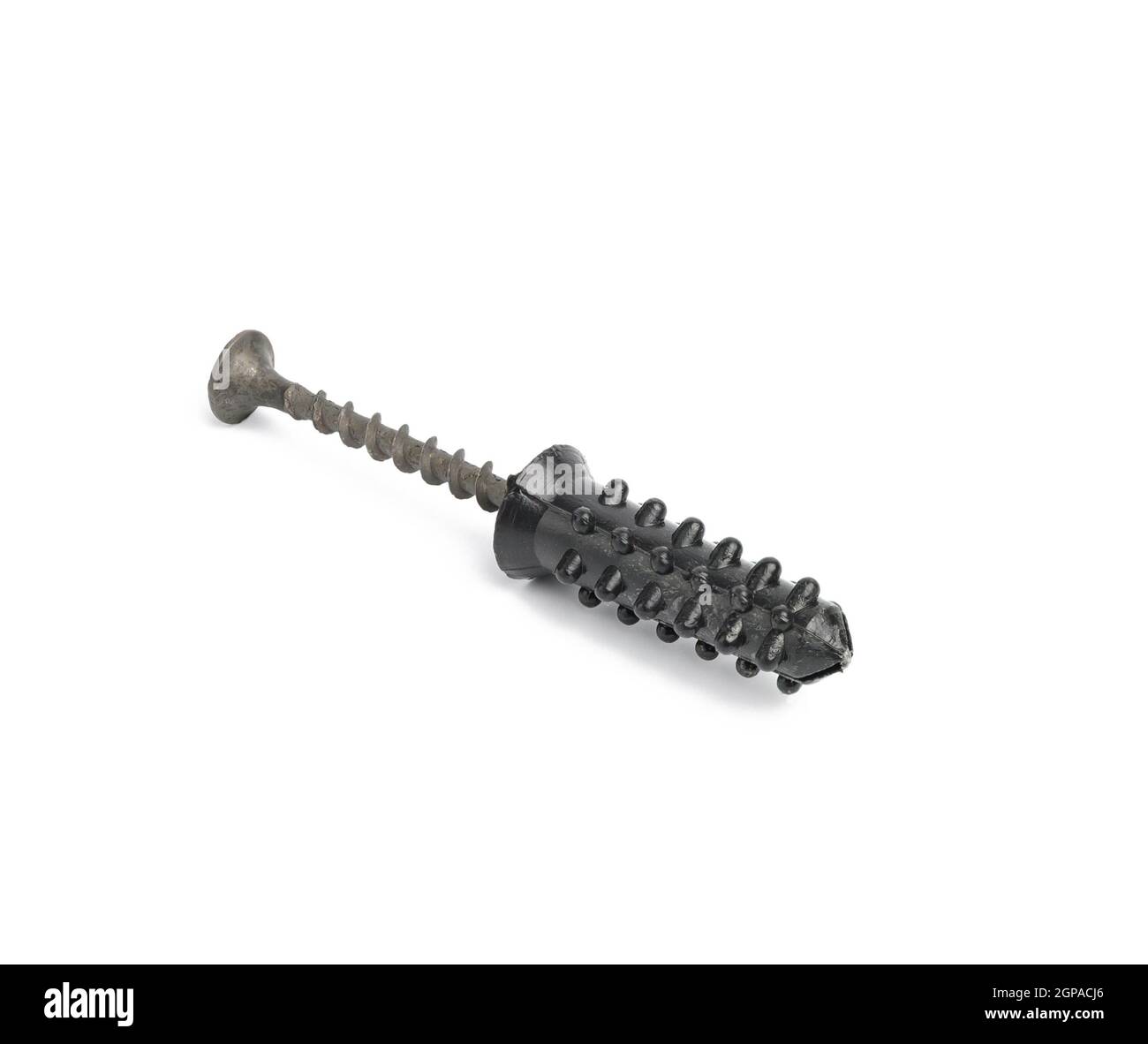 metal self-tapping screw with plastic tip isolated on white background, close-up Stock Photo