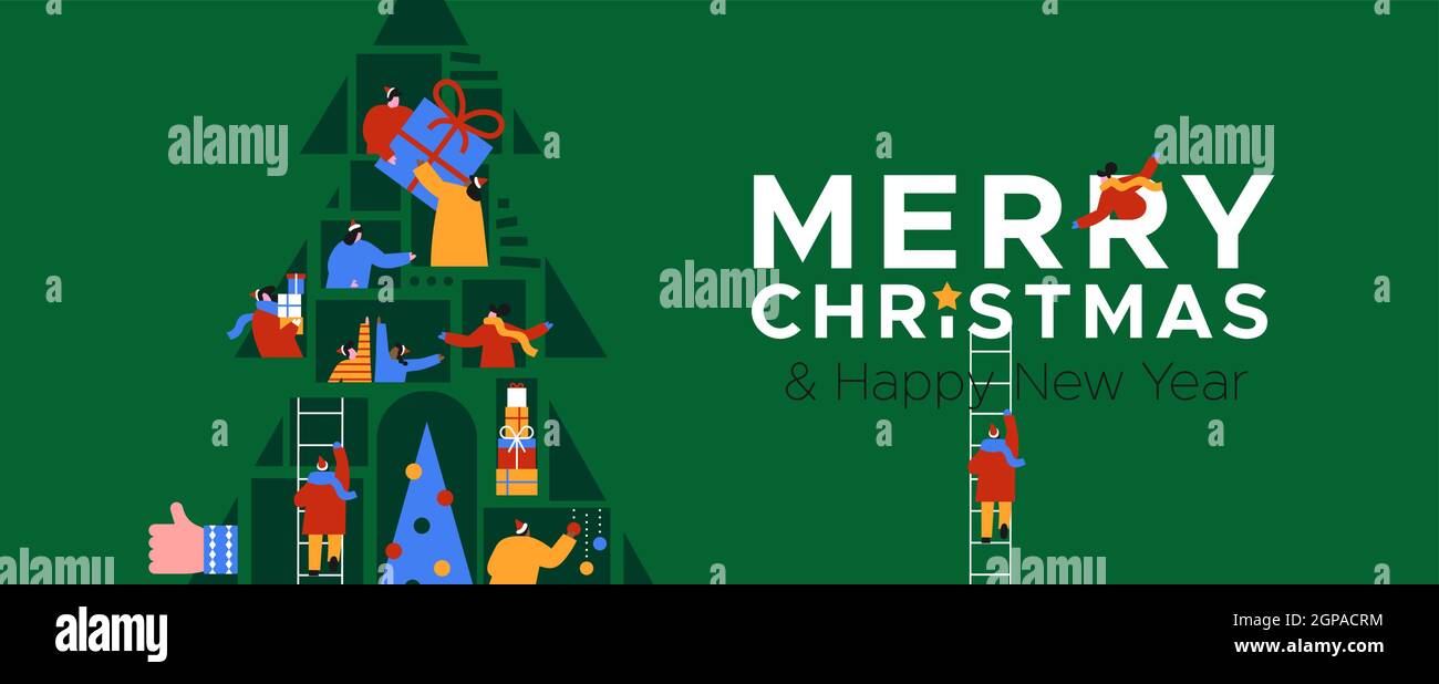 Merry Christmas Happy New Year web banner illustration of diverse people connected online inside pine tree. Internet friend connection concept for hol Stock Vector