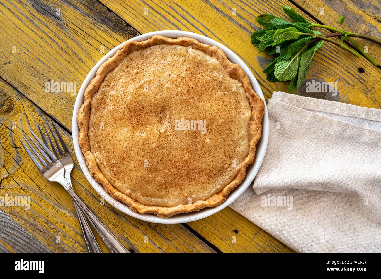 Indiana Sugar Cream Pie on the wooden background Stock Photo