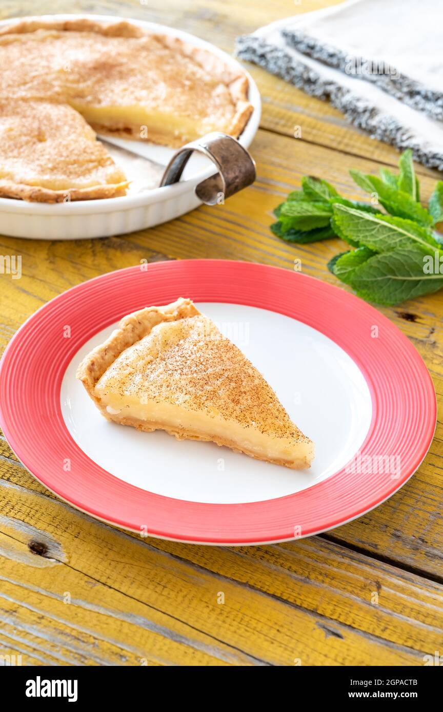 Indiana Sugar Cream Pie on the wooden background Stock Photo