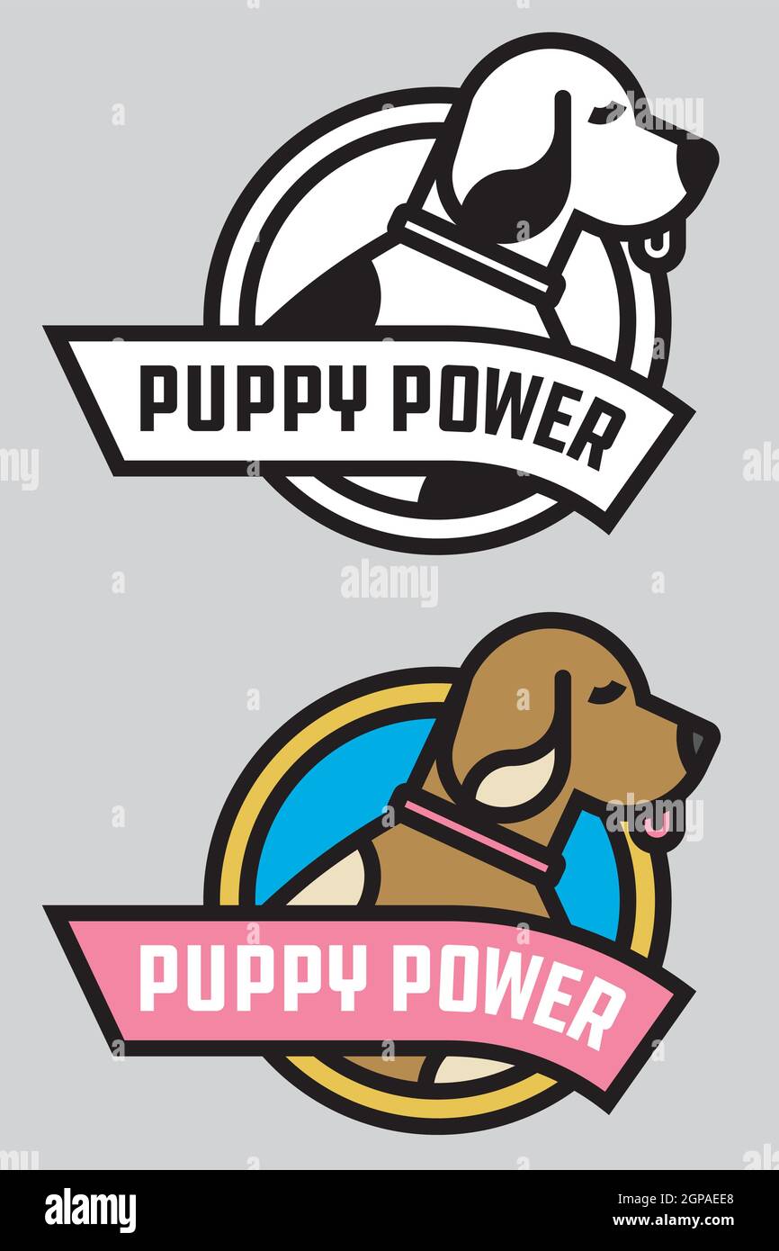 Puppy Power vector badge or logo. Cute vector illustration of stylized, bold outline dog with banner proclaiming Puppy Power. B&W and Color Stock Vector