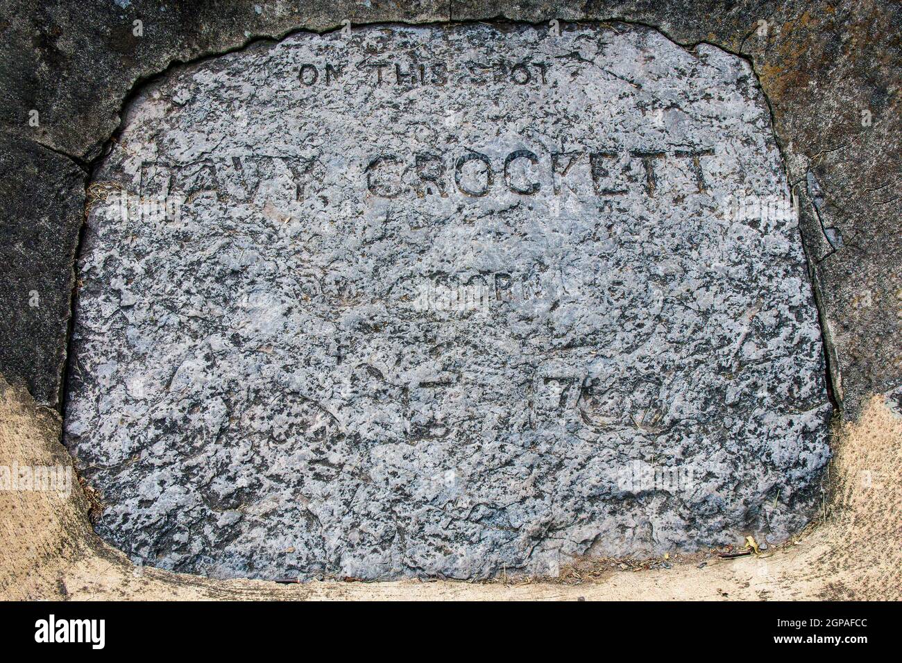 The original stone monument marking where he was born at Davy Crockett Birthplace State Park in