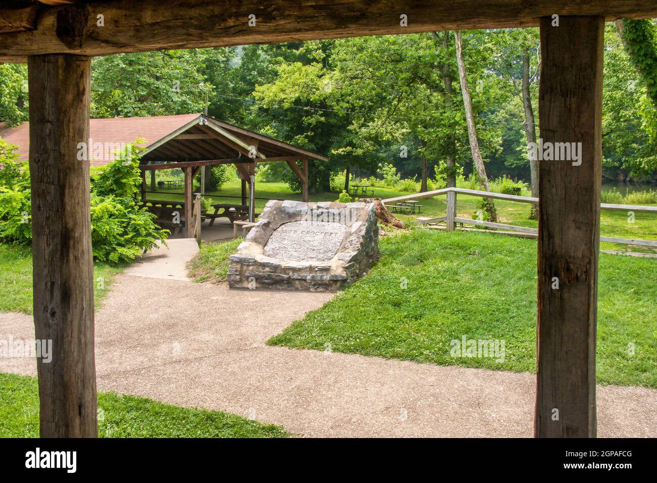 The original stone monument marking where he was born at Davy Crockett Birthplace State Park in
