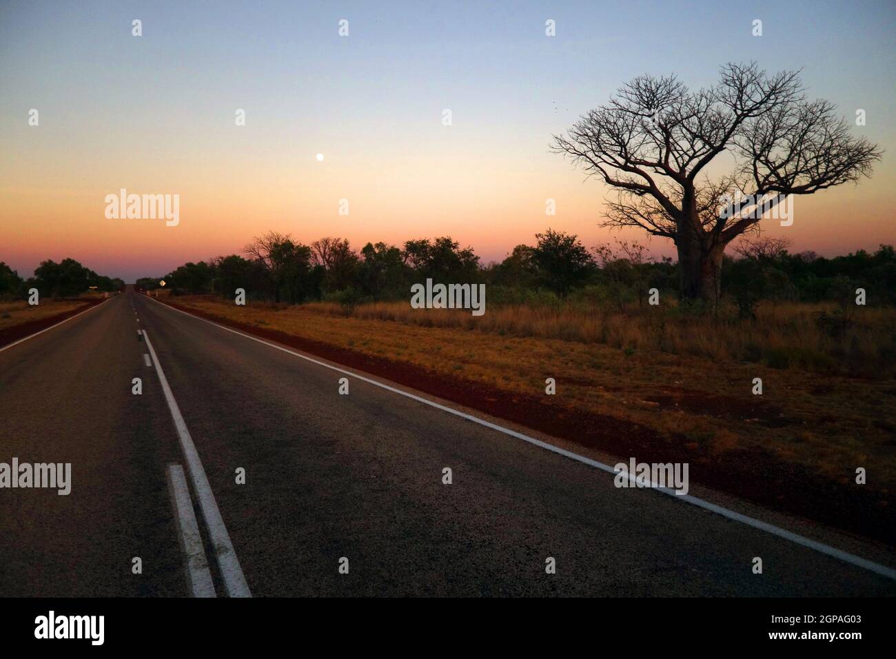 Full moon setting over Kimberley highway just before dawn, near Fitzroy Crossing, Western Australia Stock Photo