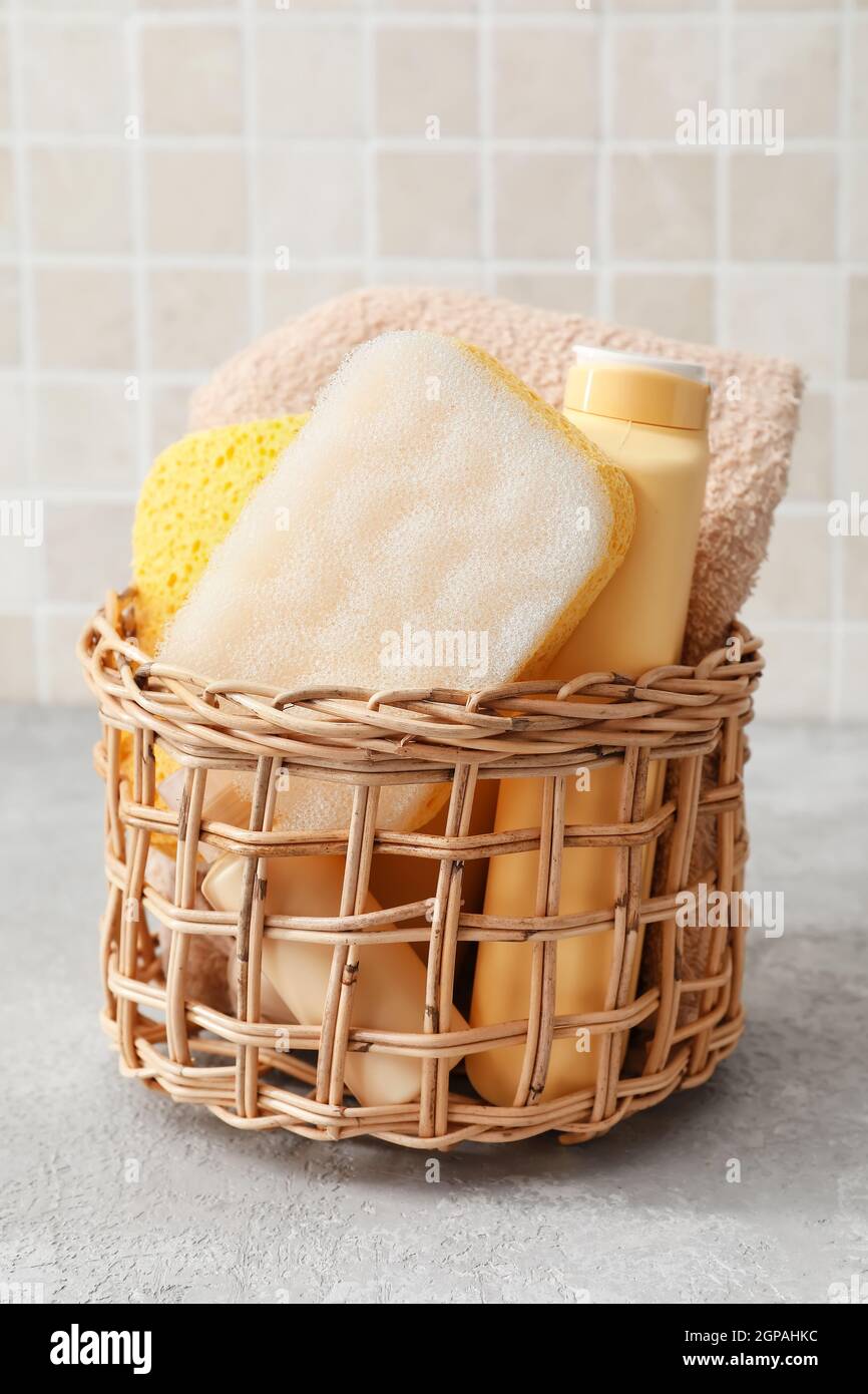 Bath accessories set with sponges, shower gel and towel Stock Photo Alamy