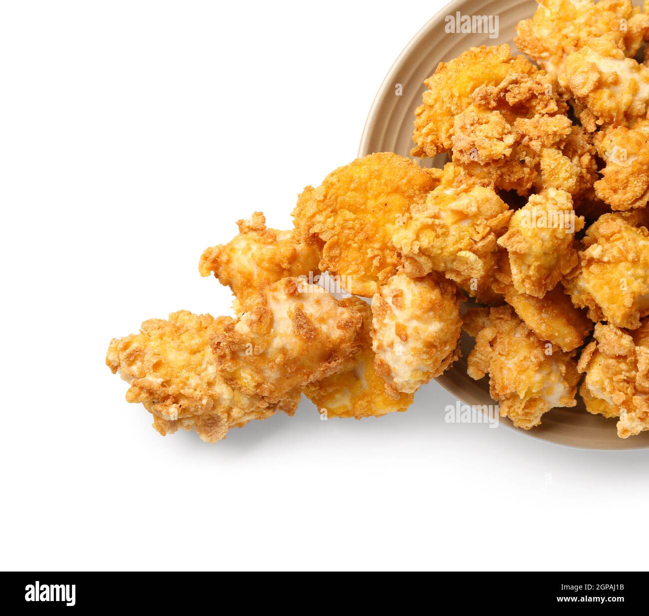 Plate with crunchy fried popcorn chicken on white background Stock ...