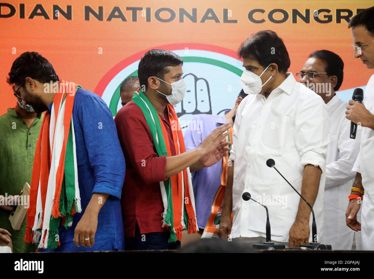 Kanhaiya Kumar Indian politician, Jignesh Mevanimember of the Gujarat legislative assembly, and K. C. Venugopal Member of rajya sabha are seen at a press conference. Kanhaiya Kumar, Former JNU (Jawaharlal Nehru University) student's union President and CPI (Communist Party of India) leader, and Jignesh Mevani join Indian National Congress party at Congress party headquarters. Jignesh Mevani is an independent MLA (Member of Legislative Assembly) from Gujrat (Vadgam constituency). Kanhaiya and Jignesh vocal against the Prime Minister, Narendra Modi central government. Stock Photo