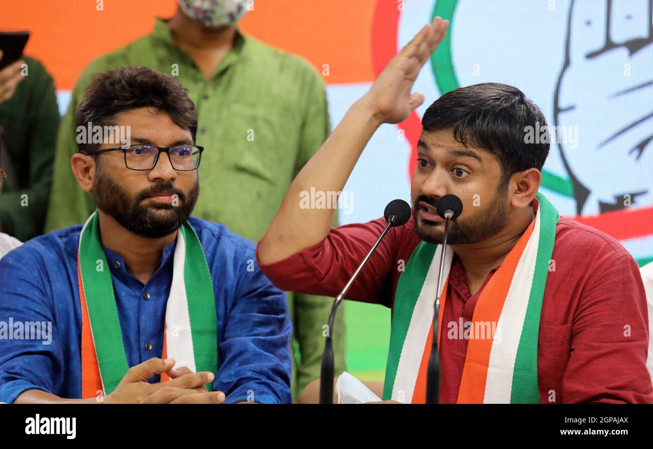 Kanhaiya Kumar indian politician and Jignesh Mevanimember of the gujarat legislative assembly are seen at Kanhaiya Kumar seen speaking during the event. Kanhaiya Kumar, Former JNU (Jawaharlal Nehru University) student's union President and CPI (Communist Party of India) leader, and Jignesh Mevani join Indian National Congress party at Congress party headquarters. Jignesh Mevani is an independent MLA (Member of Legislative Assembly) from Gujrat (Vadgam constituency). Kanhaiya and Jignesh vocal against the Prime Minister, Narendra Modi central government. Stock Photo