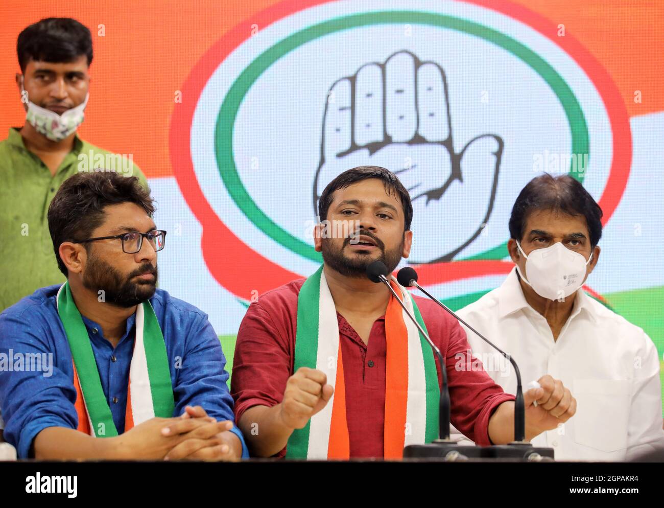 New Delhi, India. 28th Sep, 2021. Kanhaiya Kumar seen speaking during the event.Kanhaiya Kumar, Former JNU (Jawaharlal Nehru University) student's union President and CPI (Communist Party of India) leader, and Jignesh Mevani join Indian National Congress party at Congress party headquarters. Jignesh Mevani is an independent MLA (Member of Legislative Assembly) from Gujrat (Vadgam constituency). Kanhaiya and Jignesh vocal against the Prime Minister, Narendra Modi central government. (Photo by Naveen Sharma/SOPA Images/Sipa USA) Credit: Sipa USA/Alamy Live News Stock Photo