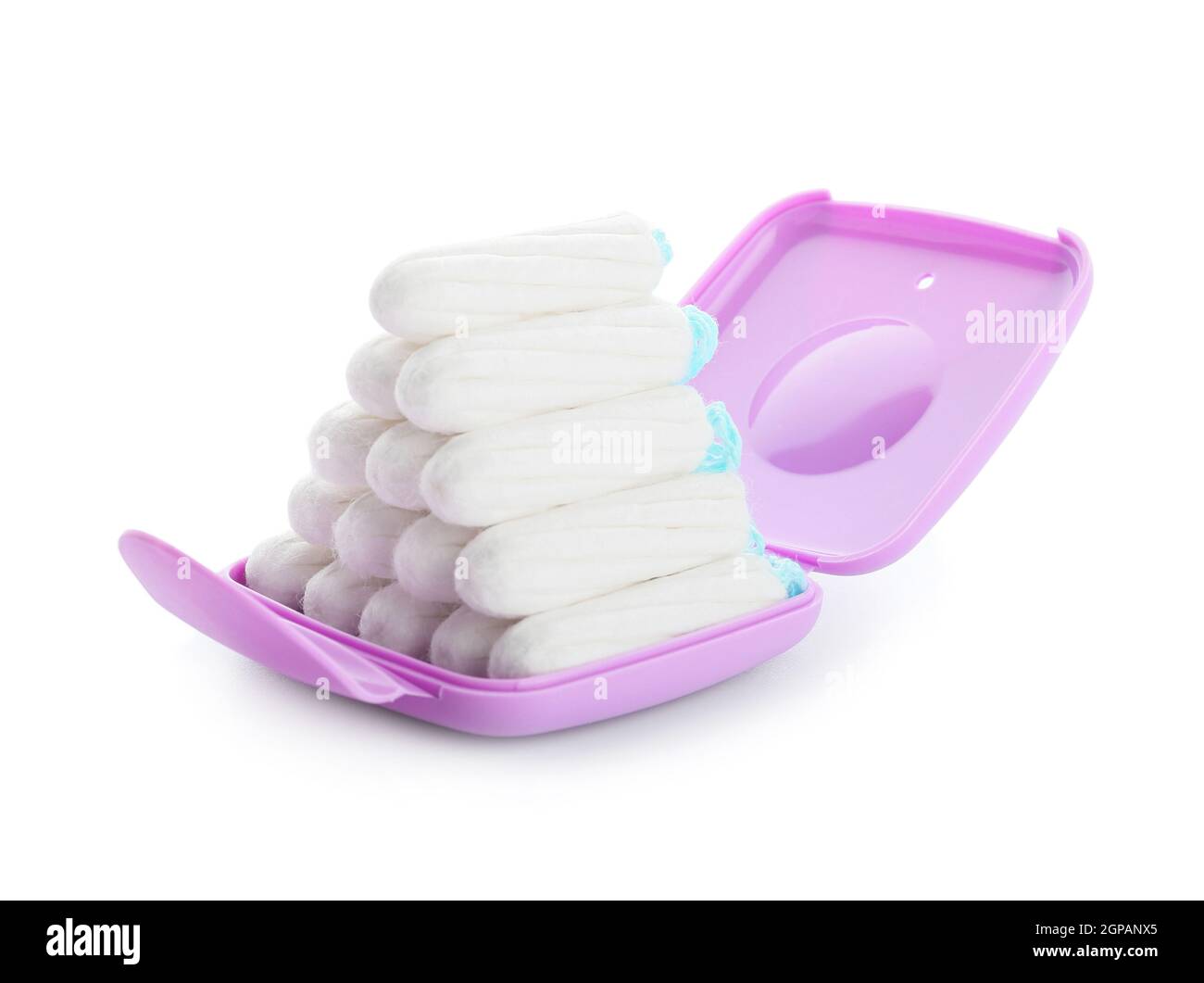 Tampons storage box with stack of tampons on white background Stock