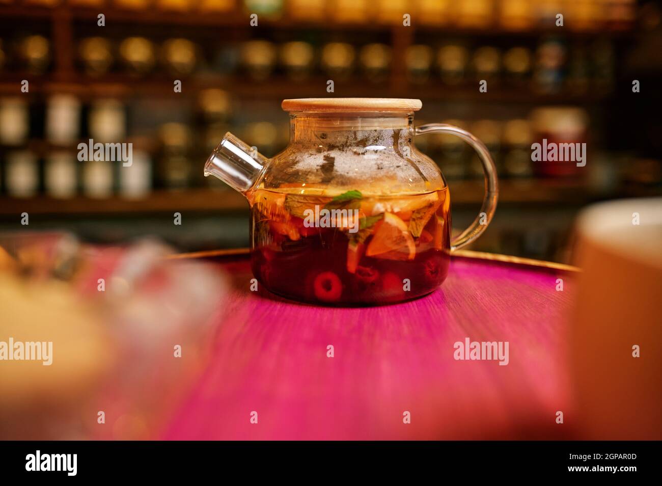 Hookah bar counter, tonic drink in glass teapot, nobody. Shisha smoking