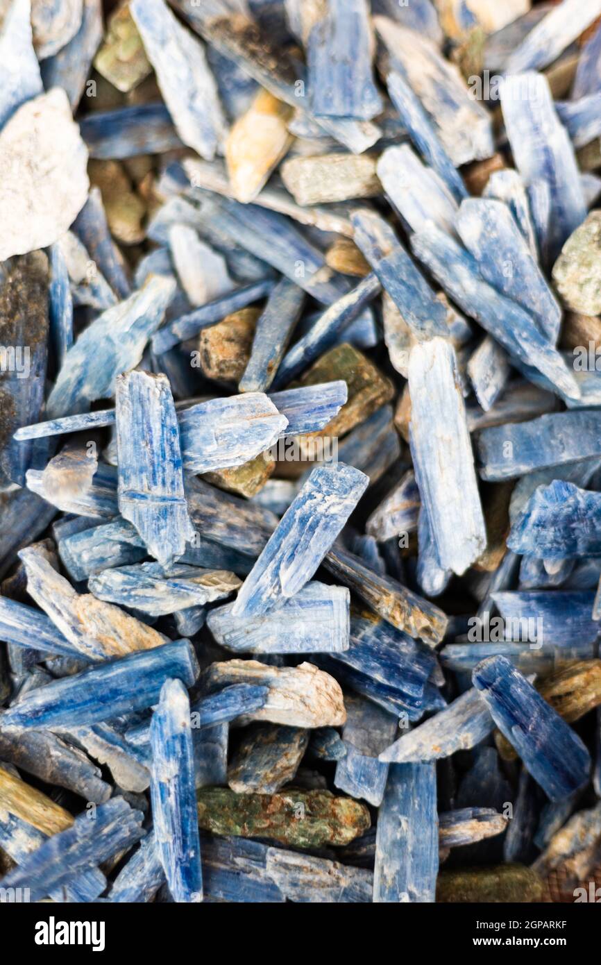 Vibrant blue shards of kyanite for sale in Utah rock shop Stock Photo