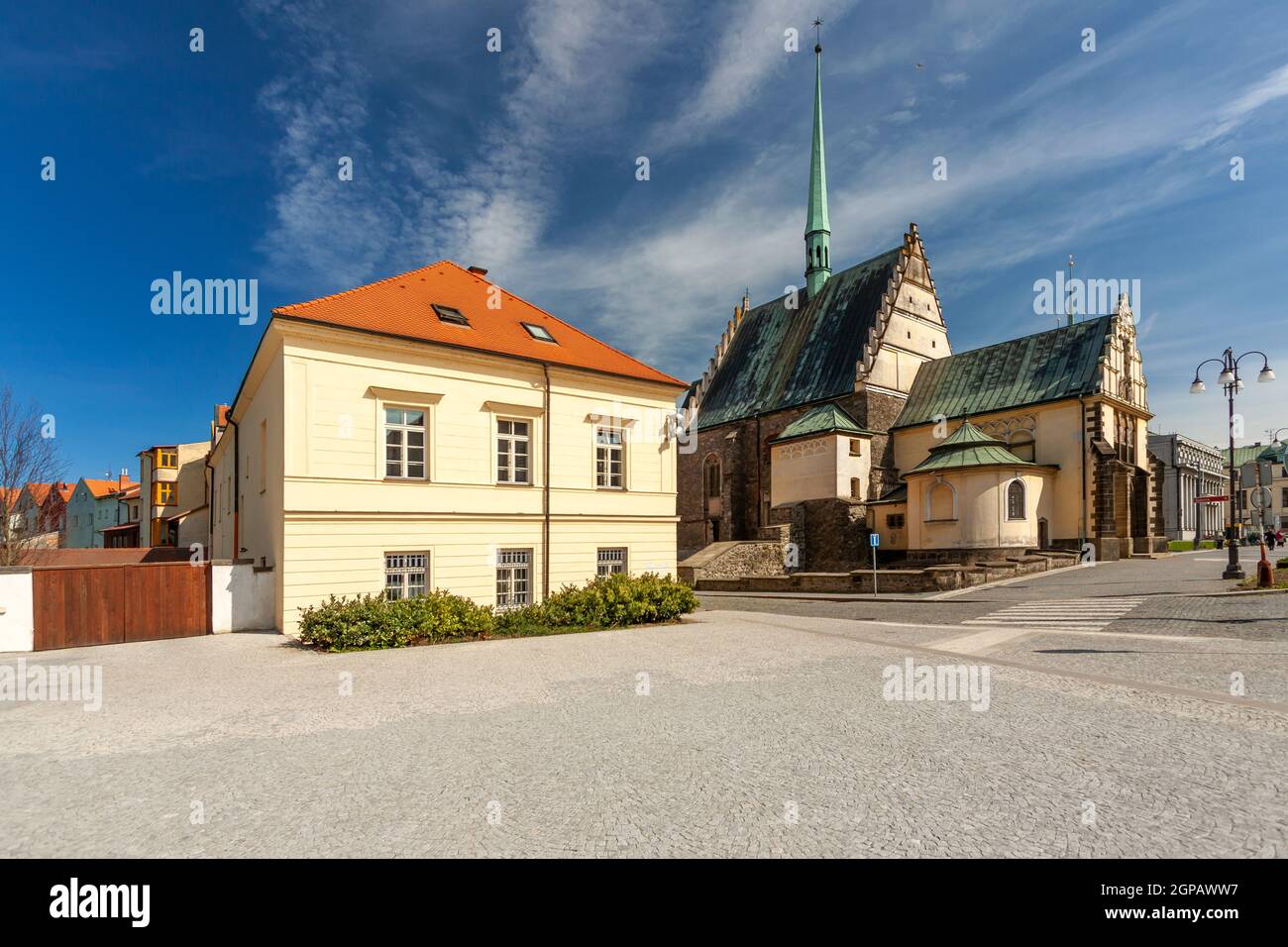 PARDUBICE, CZECH REPUBLIC - APRIL 22: St Bartholomew's Church of Republic Square on April 22 2016 in the historic center of the city. Church was built Stock Photo