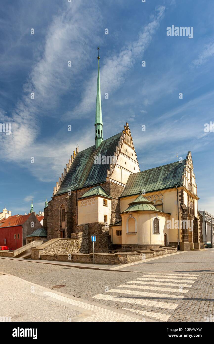 PARDUBICE, CZECH REPUBLIC - APRIL 22: St Bartholomew's Church of Republic Square on April 22 2016 in the historic center of the city. Church was built Stock Photo